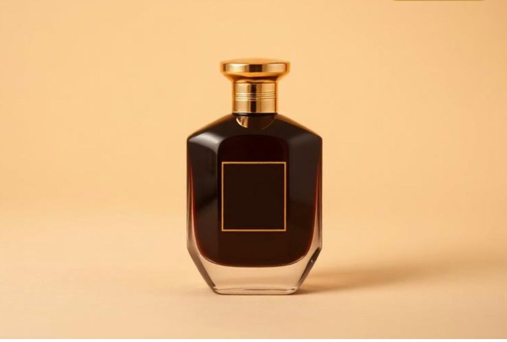 Premium dark amber perfume bottle with gold cap on neutral background