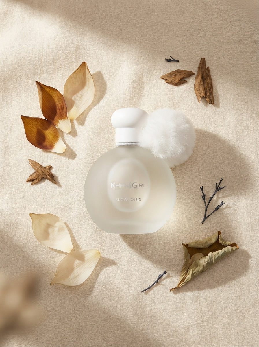 A 100ml Khaki Girl Snow Lotus perfume bottle displayed on a warm cream fabric surface with dried botanical accents.